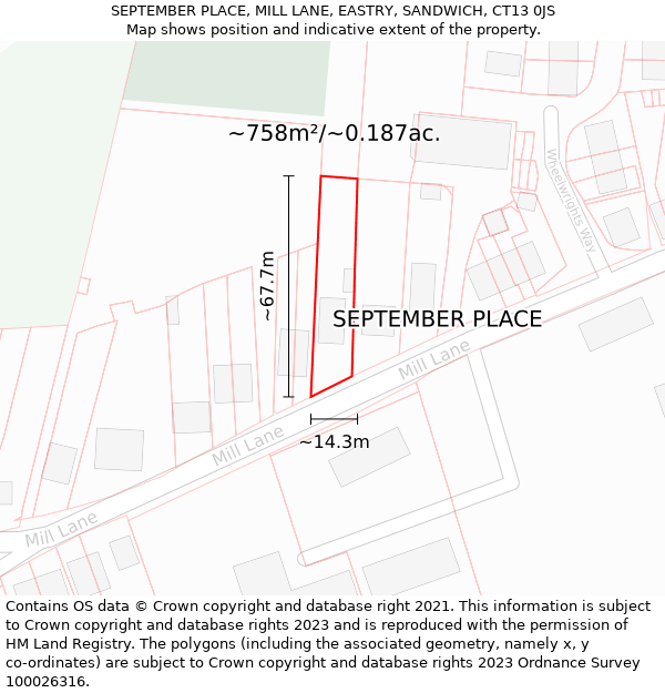 SEPTEMBER PLACE, MILL LANE, EASTRY, SANDWICH, CT13 0JS: Plot and title map