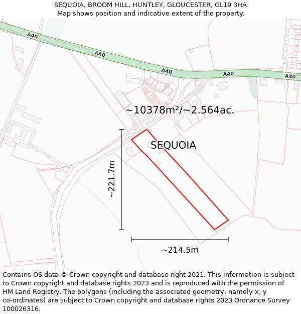 SEQUOIA, BROOM HILL, HUNTLEY, GLOUCESTER, GL19 3HA: Plot and title map