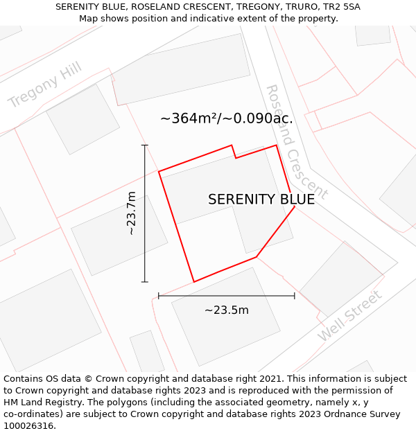 SERENITY BLUE, ROSELAND CRESCENT, TREGONY, TRURO, TR2 5SA: Plot and title map