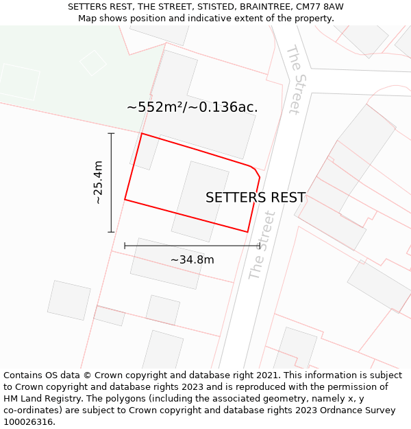 SETTERS REST, THE STREET, STISTED, BRAINTREE, CM77 8AW: Plot and title map