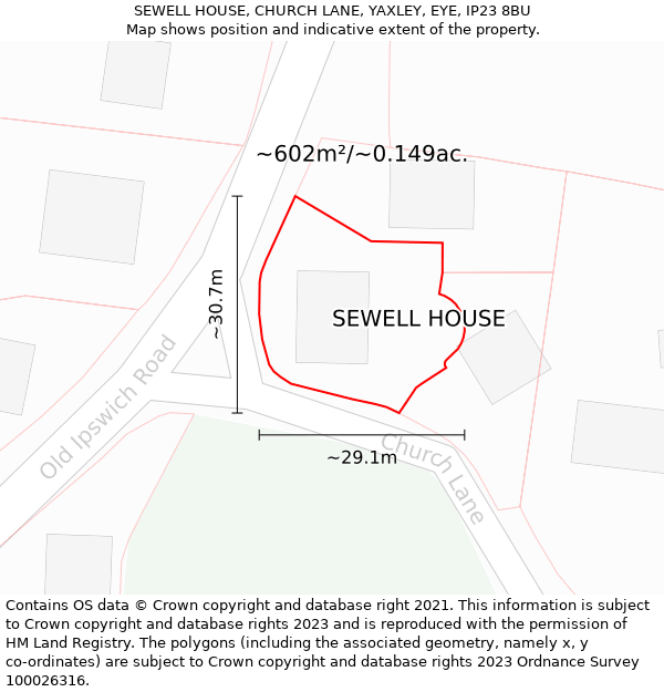 SEWELL HOUSE, CHURCH LANE, YAXLEY, EYE, IP23 8BU: Plot and title map