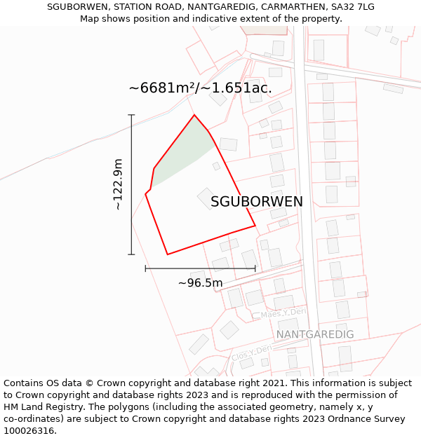 SGUBORWEN, STATION ROAD, NANTGAREDIG, CARMARTHEN, SA32 7LG: Plot and title map