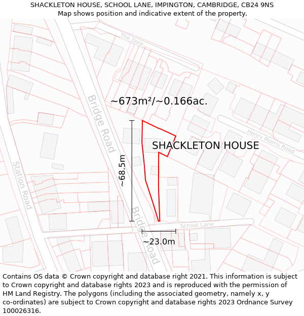 SHACKLETON HOUSE, SCHOOL LANE, IMPINGTON, CAMBRIDGE, CB24 9NS: Plot and title map