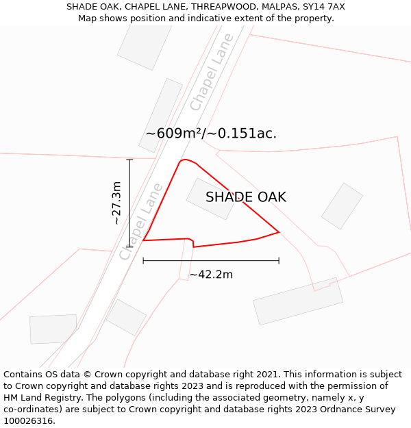 SHADE OAK, CHAPEL LANE, THREAPWOOD, MALPAS, SY14 7AX: Plot and title map