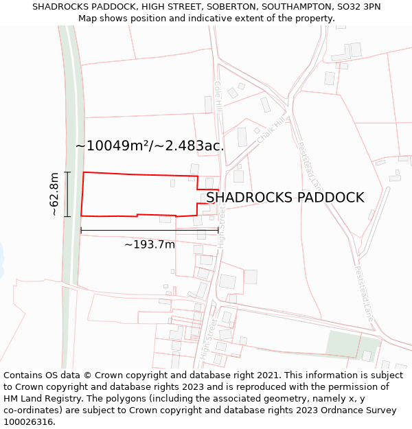 SHADROCKS PADDOCK, HIGH STREET, SOBERTON, SOUTHAMPTON, SO32 3PN: Plot and title map