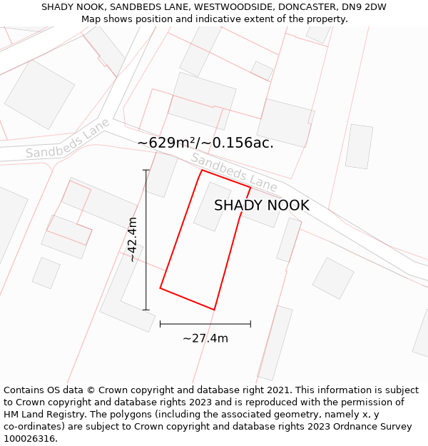 SHADY NOOK, SANDBEDS LANE, WESTWOODSIDE, DONCASTER, DN9 2DW: Plot and title map