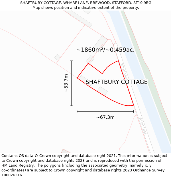 SHAFTBURY COTTAGE, WHARF LANE, BREWOOD, STAFFORD, ST19 9BG: Plot and title map