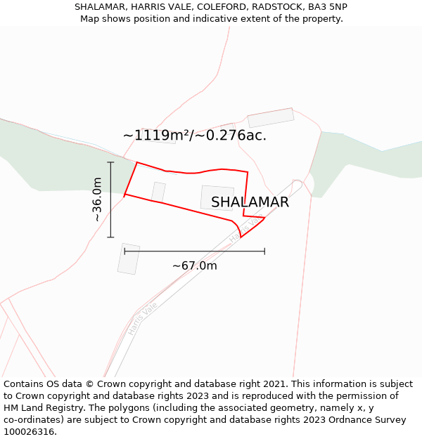 SHALAMAR, HARRIS VALE, COLEFORD, RADSTOCK, BA3 5NP: Plot and title map