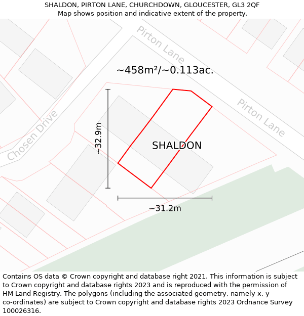 SHALDON, PIRTON LANE, CHURCHDOWN, GLOUCESTER, GL3 2QF: Plot and title map