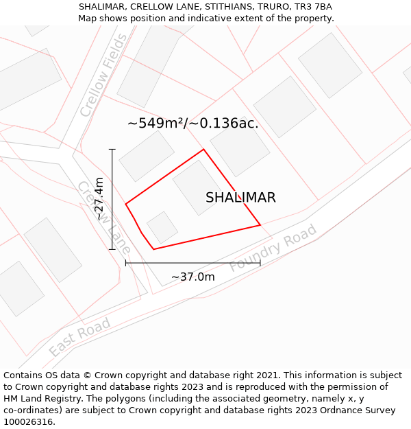 SHALIMAR, CRELLOW LANE, STITHIANS, TRURO, TR3 7BA: Plot and title map