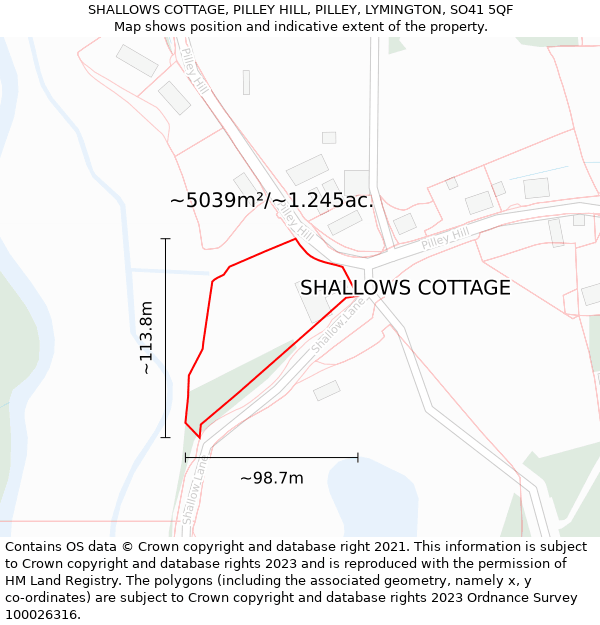 SHALLOWS COTTAGE, PILLEY HILL, PILLEY, LYMINGTON, SO41 5QF: Plot and title map