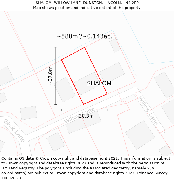SHALOM, WILLOW LANE, DUNSTON, LINCOLN, LN4 2EP: Plot and title map