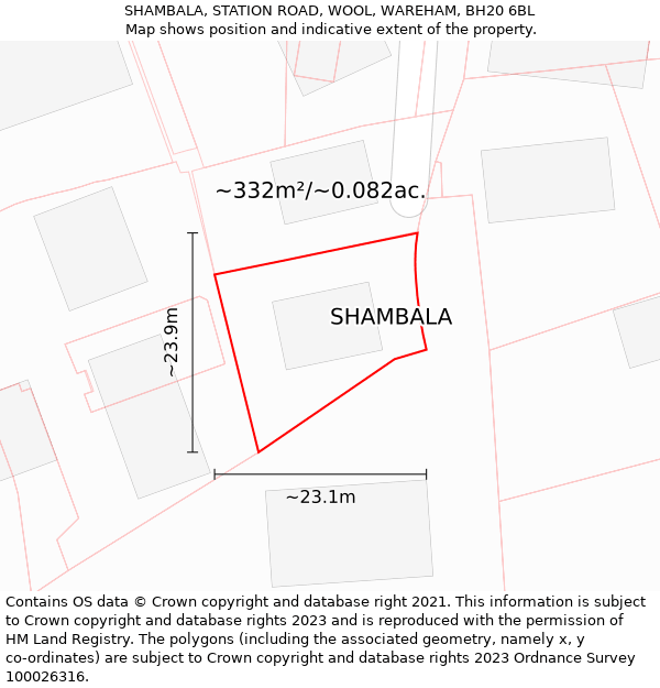 SHAMBALA, STATION ROAD, WOOL, WAREHAM, BH20 6BL: Plot and title map