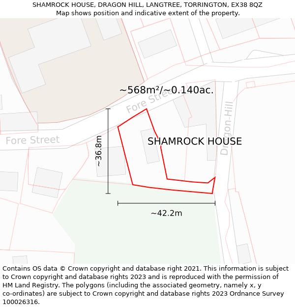 SHAMROCK HOUSE, DRAGON HILL, LANGTREE, TORRINGTON, EX38 8QZ: Plot and title map