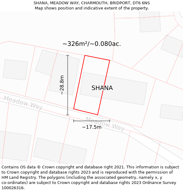 SHANA, MEADOW WAY, CHARMOUTH, BRIDPORT, DT6 6NS: Plot and title map