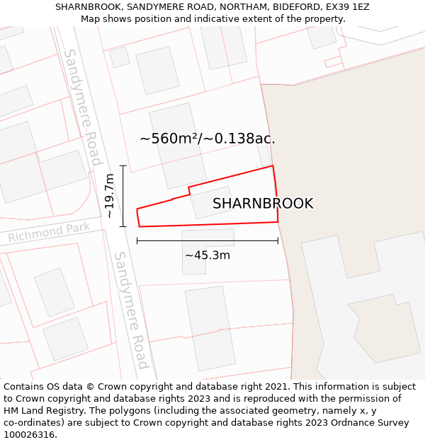 SHARNBROOK, SANDYMERE ROAD, NORTHAM, BIDEFORD, EX39 1EZ: Plot and title map