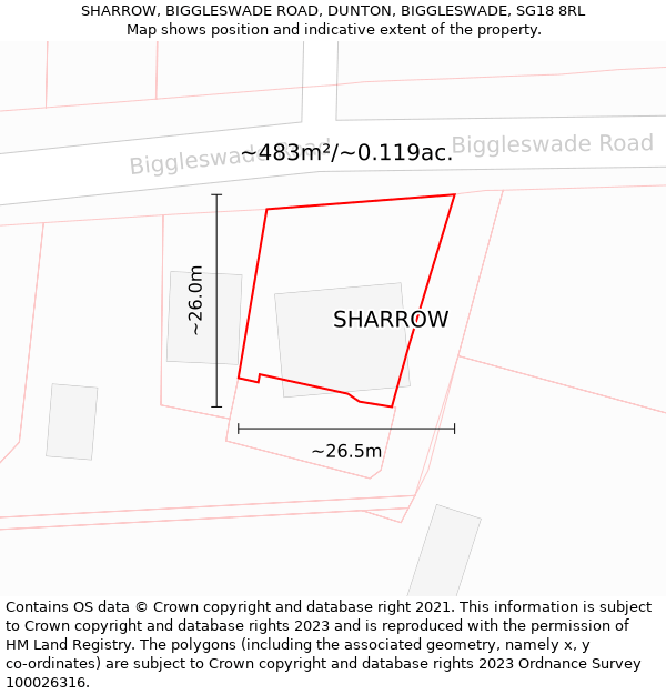 SHARROW, BIGGLESWADE ROAD, DUNTON, BIGGLESWADE, SG18 8RL: Plot and title map