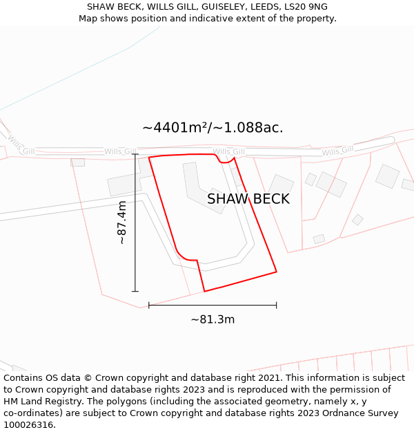 SHAW BECK, WILLS GILL, GUISELEY, LEEDS, LS20 9NG: Plot and title map