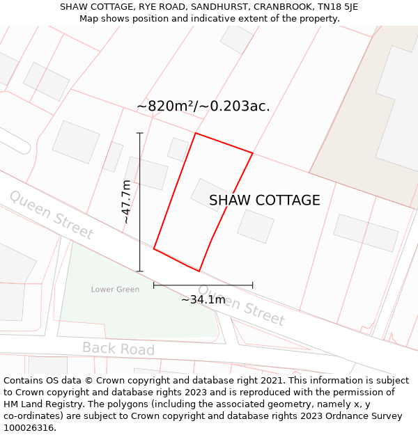 SHAW COTTAGE, RYE ROAD, SANDHURST, CRANBROOK, TN18 5JE: Plot and title map