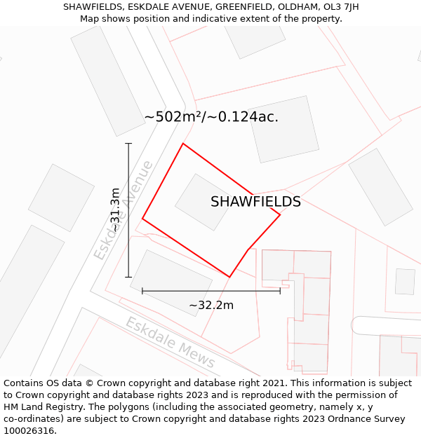 SHAWFIELDS, ESKDALE AVENUE, GREENFIELD, OLDHAM, OL3 7JH: Plot and title map