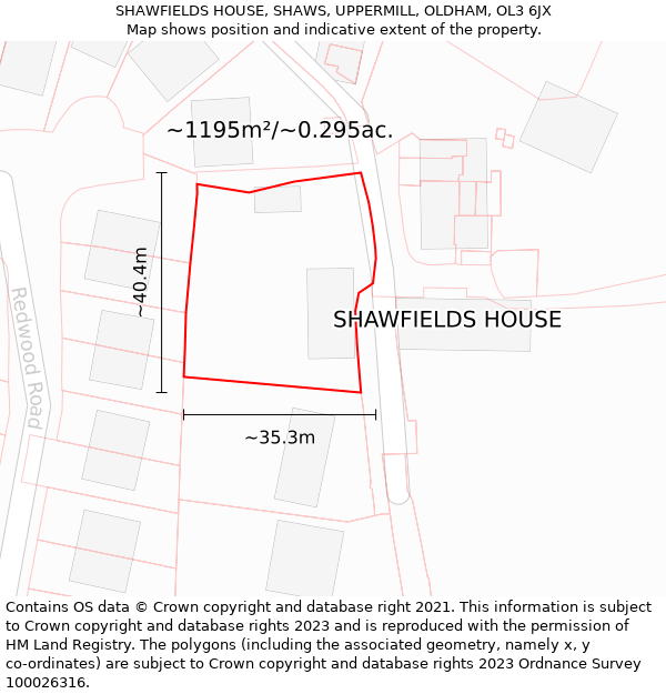 SHAWFIELDS HOUSE, SHAWS, UPPERMILL, OLDHAM, OL3 6JX: Plot and title map