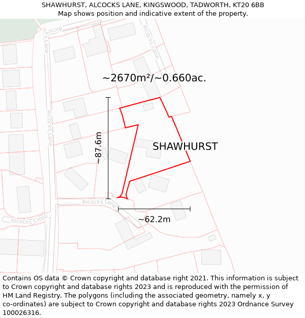 SHAWHURST, ALCOCKS LANE, KINGSWOOD, TADWORTH, KT20 6BB: Plot and title map