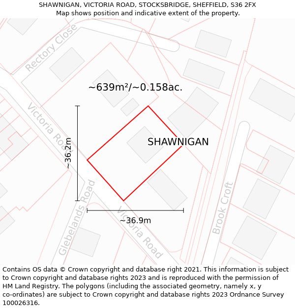 SHAWNIGAN, VICTORIA ROAD, STOCKSBRIDGE, SHEFFIELD, S36 2FX: Plot and title map