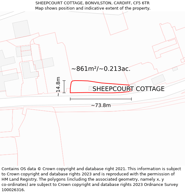 SHEEPCOURT COTTAGE, BONVILSTON, CARDIFF, CF5 6TR: Plot and title map