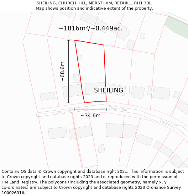 SHEILING, CHURCH HILL, MERSTHAM, REDHILL, RH1 3BL: Plot and title map