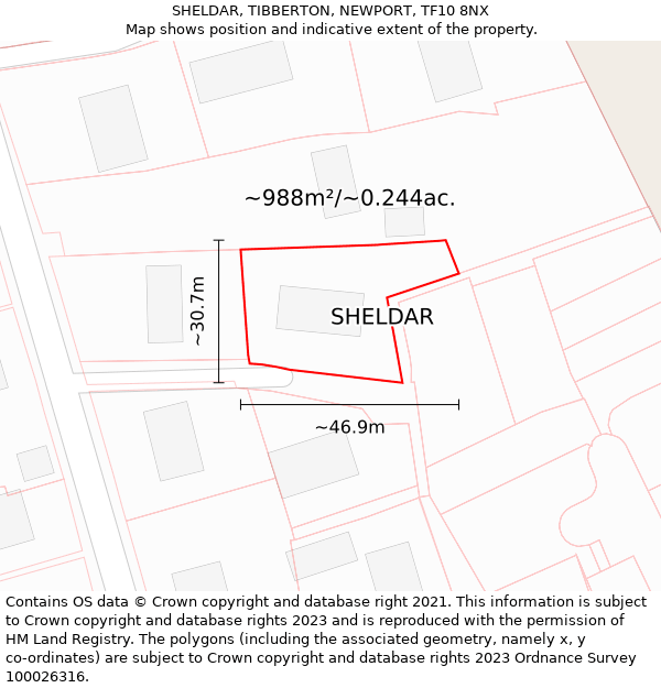 SHELDAR, TIBBERTON, NEWPORT, TF10 8NX: Plot and title map