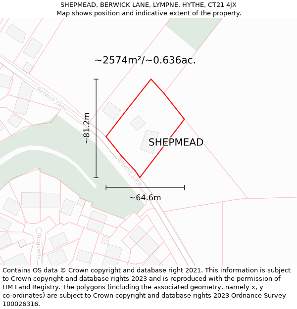 SHEPMEAD, BERWICK LANE, LYMPNE, HYTHE, CT21 4JX: Plot and title map