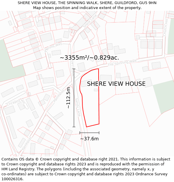 SHERE VIEW HOUSE, THE SPINNING WALK, SHERE, GUILDFORD, GU5 9HN: Plot and title map