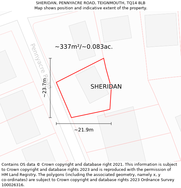 SHERIDAN, PENNYACRE ROAD, TEIGNMOUTH, TQ14 8LB: Plot and title map