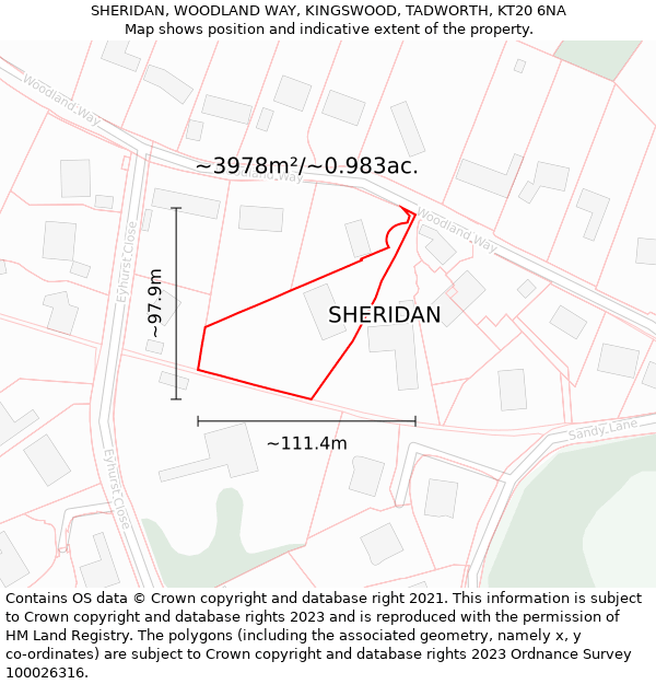 SHERIDAN, WOODLAND WAY, KINGSWOOD, TADWORTH, KT20 6NA: Plot and title map