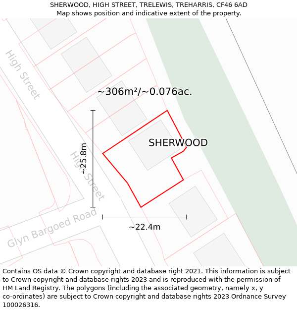 SHERWOOD, HIGH STREET, TRELEWIS, TREHARRIS, CF46 6AD: Plot and title map