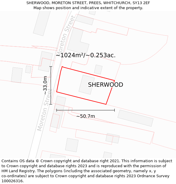 SHERWOOD, MORETON STREET, PREES, WHITCHURCH, SY13 2EF: Plot and title map