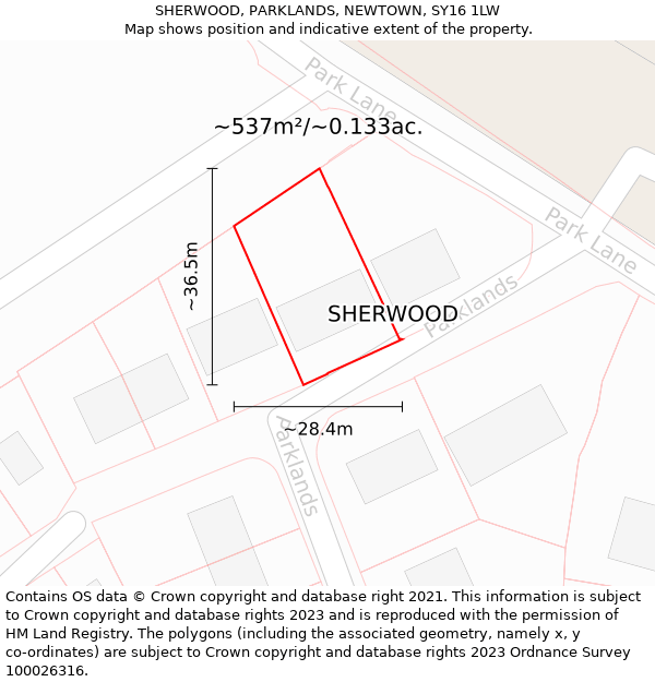 SHERWOOD, PARKLANDS, NEWTOWN, SY16 1LW: Plot and title map