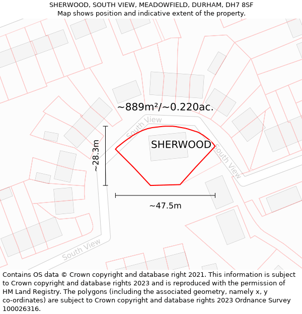 SHERWOOD, SOUTH VIEW, MEADOWFIELD, DURHAM, DH7 8SF: Plot and title map