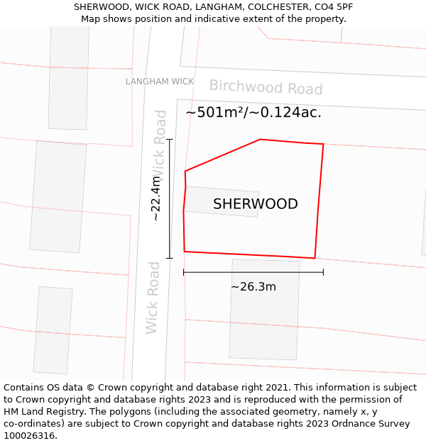SHERWOOD, WICK ROAD, LANGHAM, COLCHESTER, CO4 5PF: Plot and title map