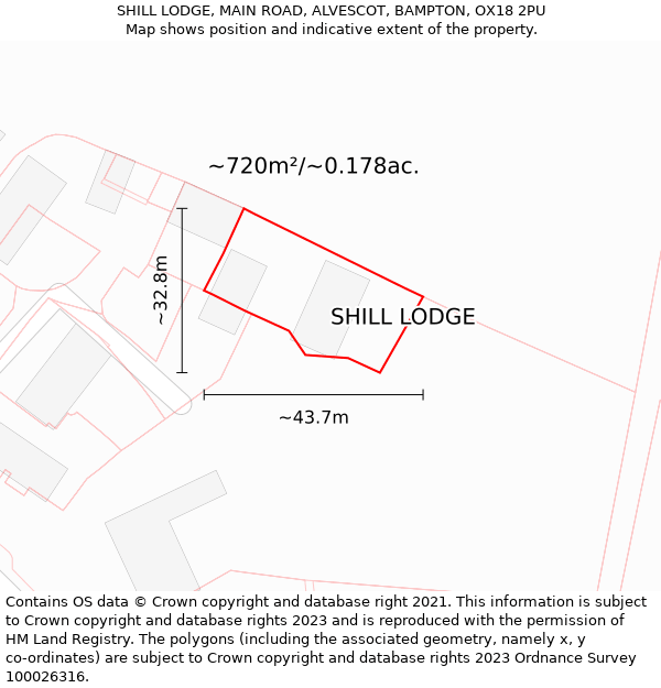 SHILL LODGE, MAIN ROAD, ALVESCOT, BAMPTON, OX18 2PU: Plot and title map