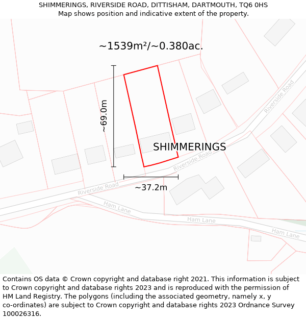 SHIMMERINGS, RIVERSIDE ROAD, DITTISHAM, DARTMOUTH, TQ6 0HS: Plot and title map