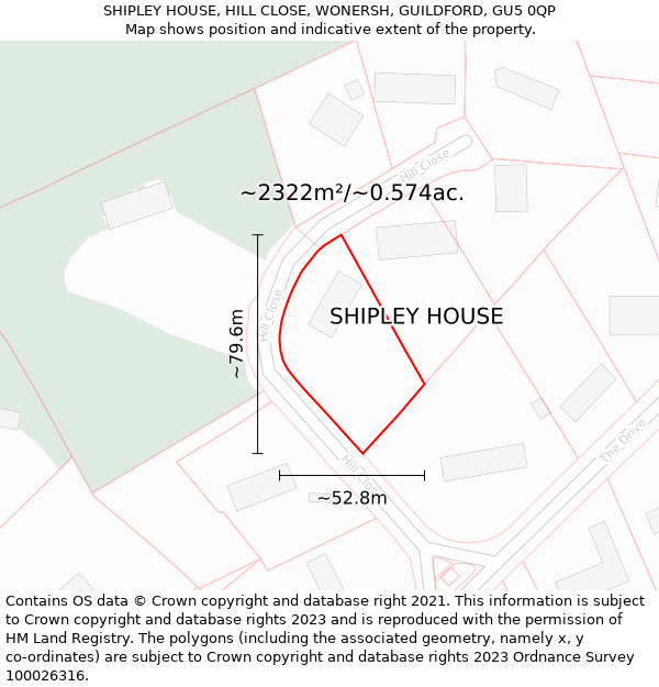 SHIPLEY HOUSE, HILL CLOSE, WONERSH, GUILDFORD, GU5 0QP: Plot and title map