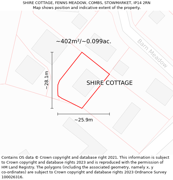 SHIRE COTTAGE, FENNS MEADOW, COMBS, STOWMARKET, IP14 2RN: Plot and title map