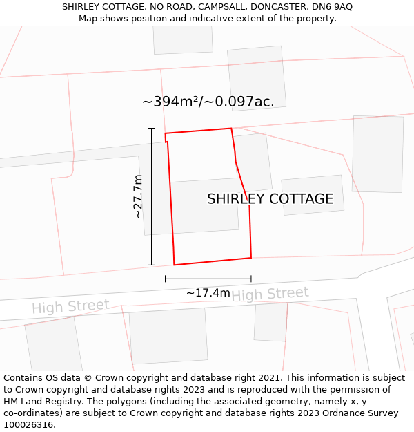 SHIRLEY COTTAGE, NO ROAD, CAMPSALL, DONCASTER, DN6 9AQ: Plot and title map