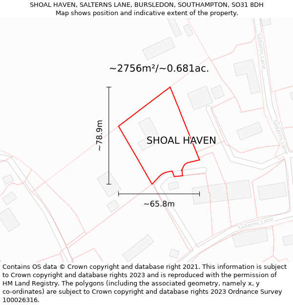 SHOAL HAVEN, SALTERNS LANE, BURSLEDON, SOUTHAMPTON, SO31 8DH: Plot and title map