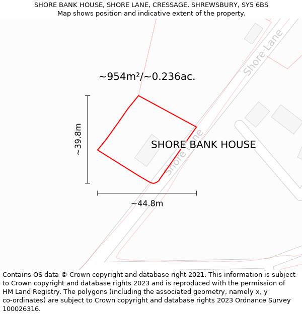 SHORE BANK HOUSE, SHORE LANE, CRESSAGE, SHREWSBURY, SY5 6BS: Plot and title map