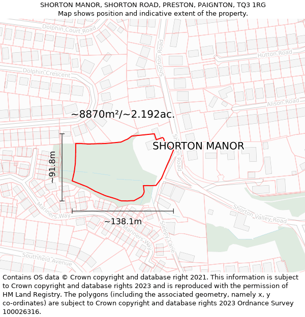 SHORTON MANOR, SHORTON ROAD, PRESTON, PAIGNTON, TQ3 1RG: Plot and title map