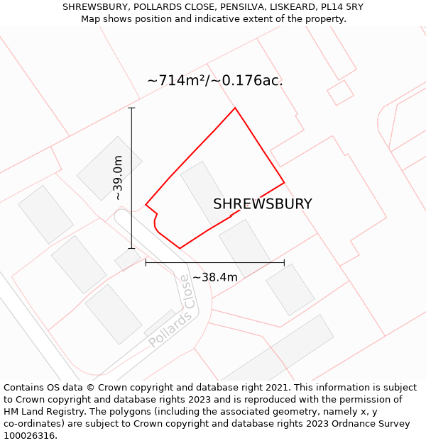 SHREWSBURY, POLLARDS CLOSE, PENSILVA, LISKEARD, PL14 5RY: Plot and title map