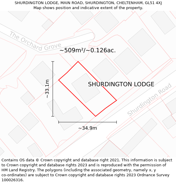 SHURDINGTON LODGE, MAIN ROAD, SHURDINGTON, CHELTENHAM, GL51 4XJ: Plot and title map