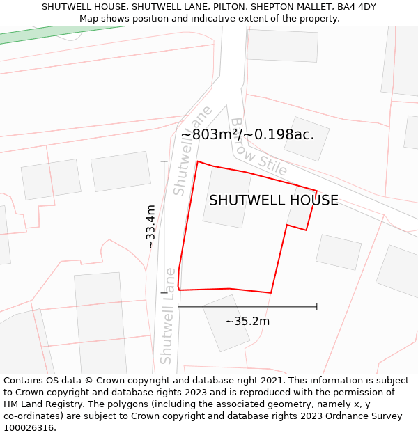 SHUTWELL HOUSE, SHUTWELL LANE, PILTON, SHEPTON MALLET, BA4 4DY: Plot and title map